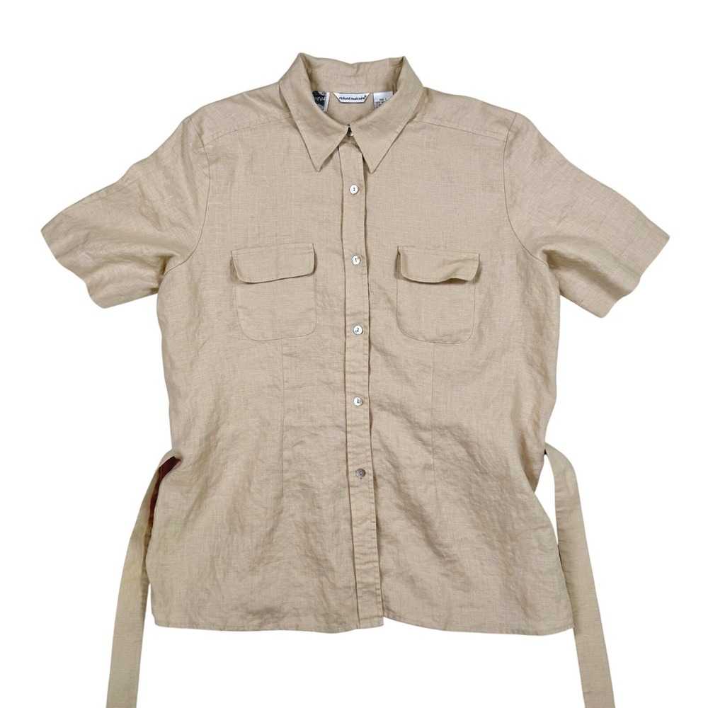 Richard Malcolm Safari Shirt Women Large Beige Linen Cotton Utility Short Sleeve